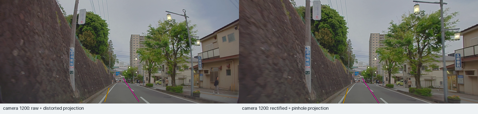 Comparison of lane projection on raw and rectified camera images